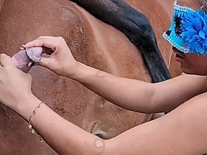 Woman sucks horse cock